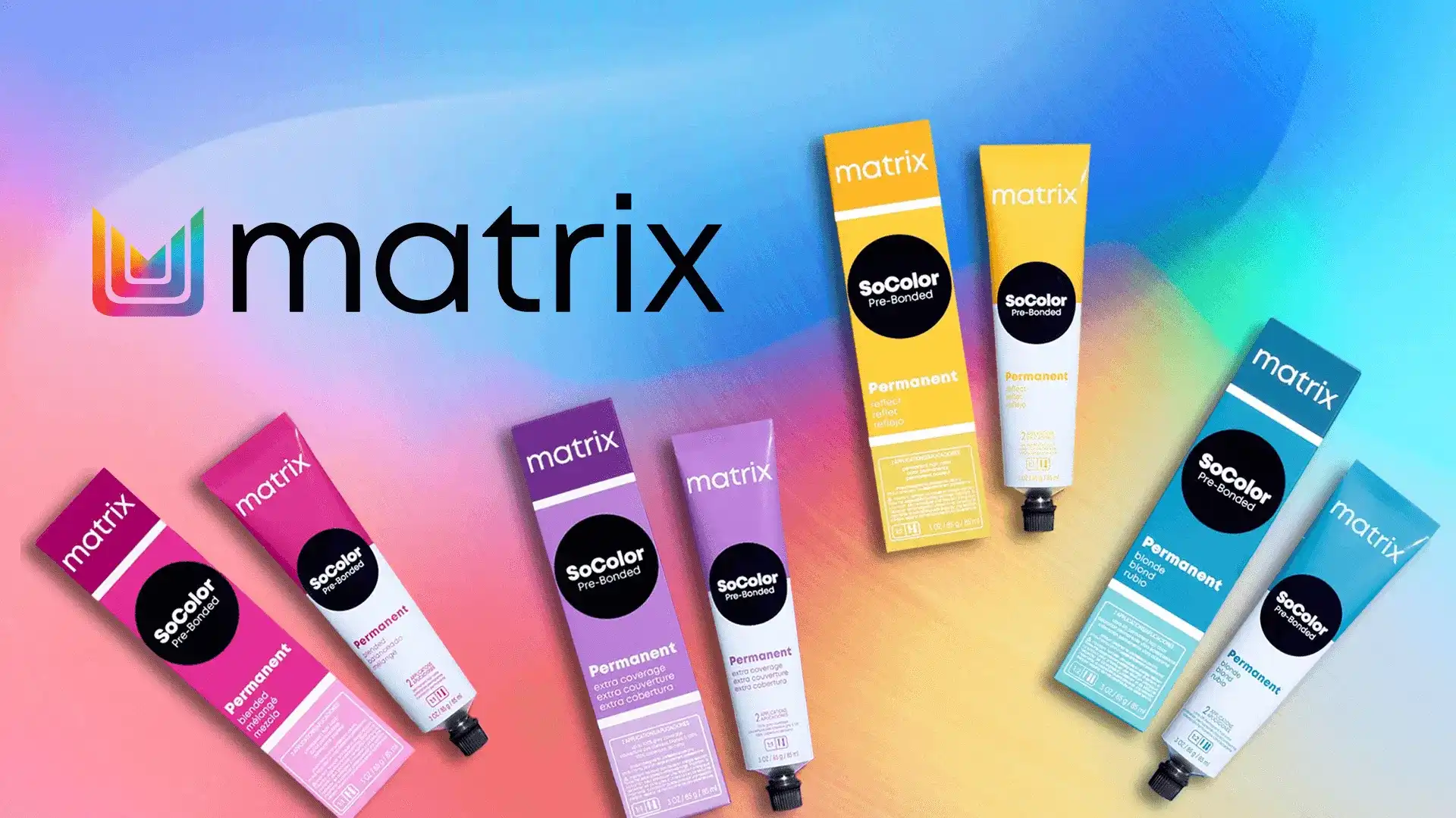 Colorful Matrix hair dye tubes on a vibrant gradient background.